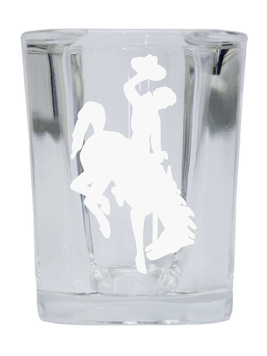Picture of R & R Imports SGSE2-C-WY20 Wyoming Cowboys 2 oz Square Shot Glass Laser Etched Logo Design - Pack of 2