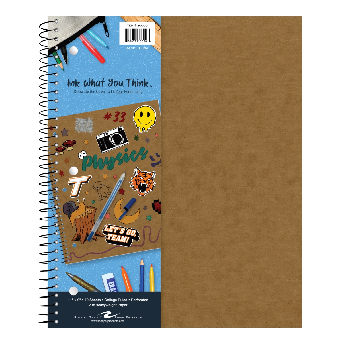 Roaring Spring 10000 Ink What You Think 1-Subject Notebook, 11 x 9 in., College Ruled with Margin, 20 lbs Paper, Brown Cover