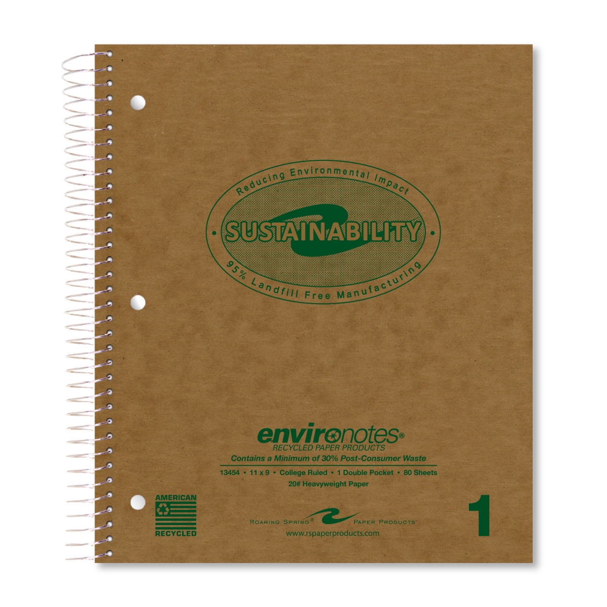 Roaring Spring 13454 Recycled 1-Subject Notebook, 11 x 9 in., College Ruled with Margin, 20 lbs Paper, Brown Cover