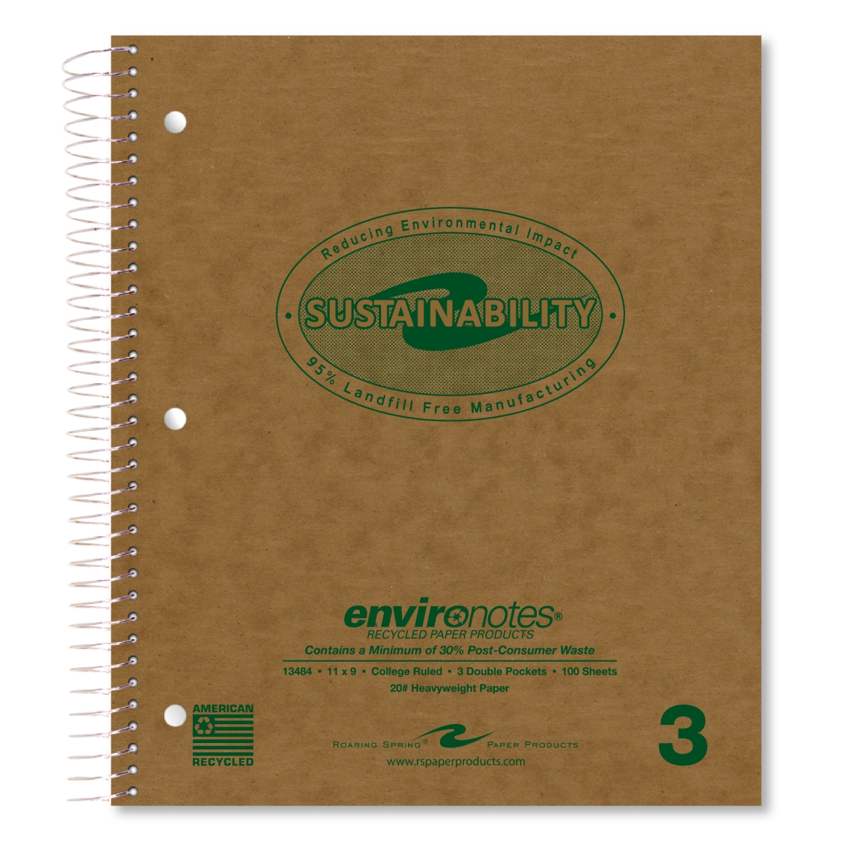 Roaring Spring 13484 Recycled 3-Subject Notebook, 11 x 9 in., College Ruled with Margin, 20 lbs Paper, Brown Cover