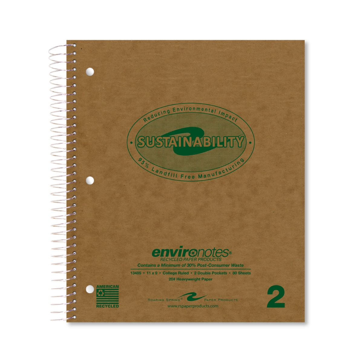 Roaring Spring 13485 Recycled 2-Subject Notebook, 11 x 9 in., College Ruled with Margin, 20 lbs Paper, Brown Cover