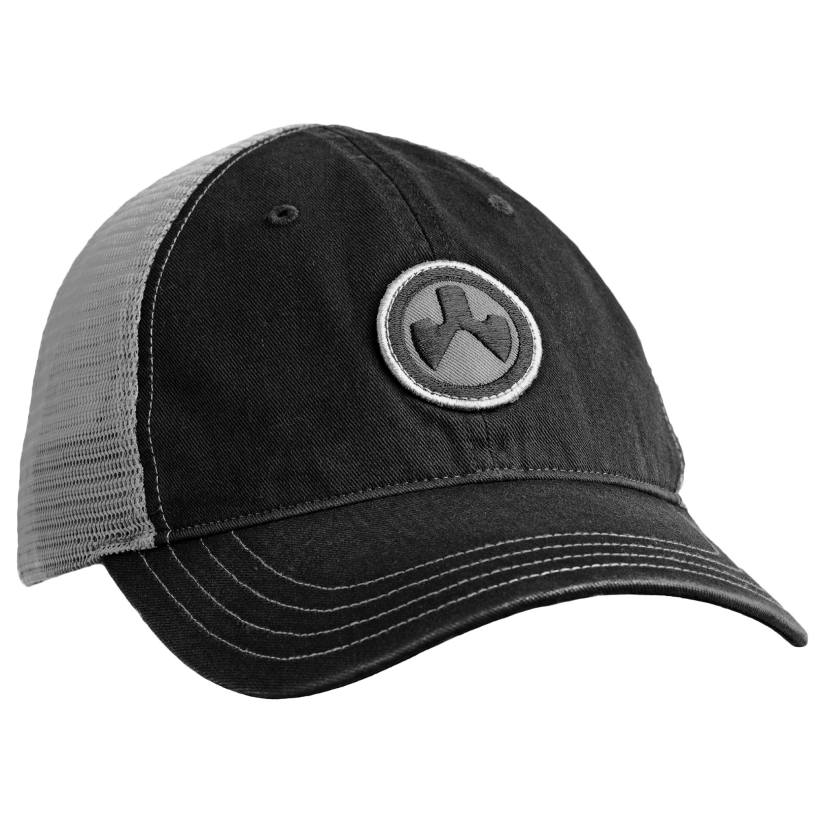 MAG1105-002 Icon Patch Garment Washed Trucker Hat - Black & Charcoal - One Size Fits Most