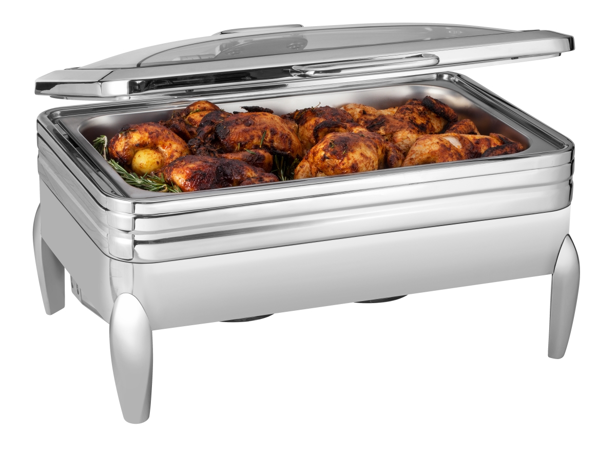 Rosseto CP401F 9.51 qt. Deluxe Rectangle Chafing Dish with Glass Lid, Full Size Frame Stand & Burner Holder - Silver