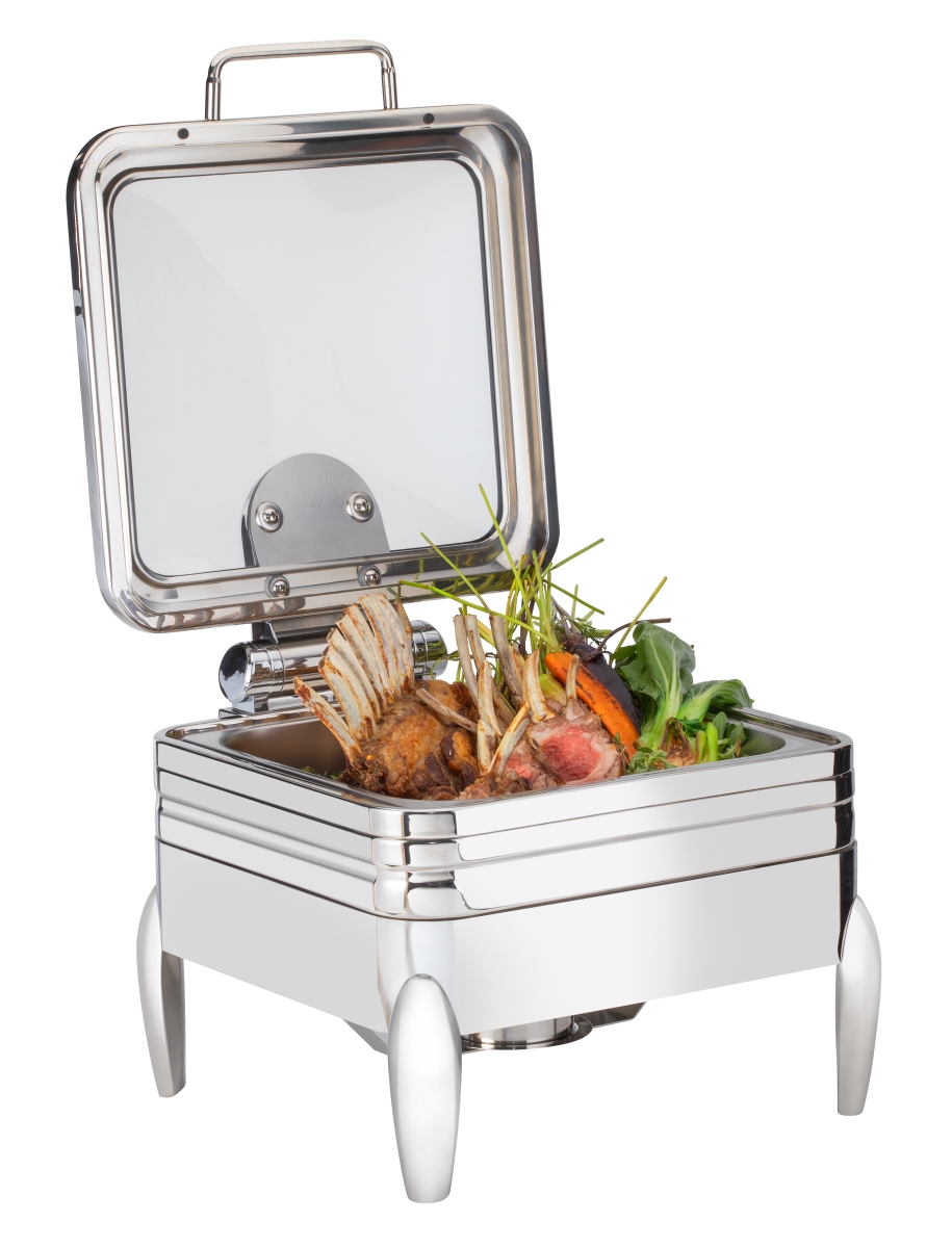 Picture of Rosseto CP402F 6.34 qt. Deluxe Square Chafing Dish with Glass Lid, Frame Stand & Burner Holder - Silver