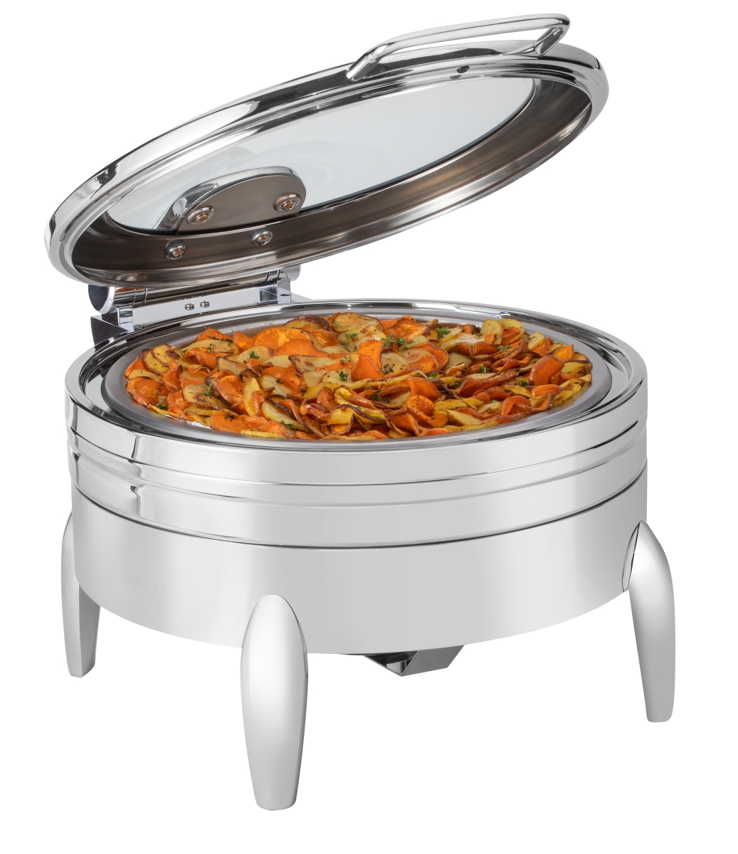 Rosseto CP403F 6.34 qt. Deluxe Round Chafing Dish with Glass Lid, Frame Stand & Burner Holder - Silver