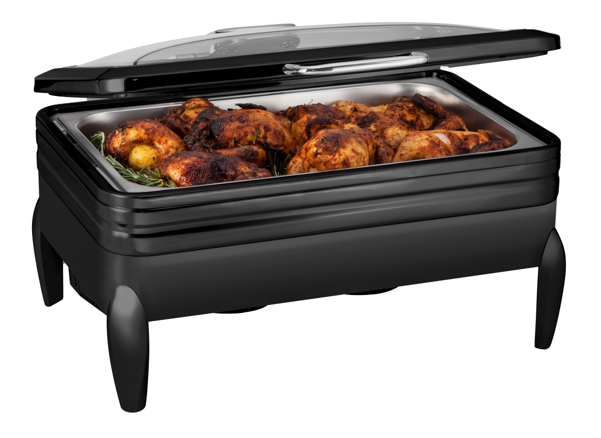 Rosseto CP401F-BK 9.51 qt. Deluxe Rectangle Chafing Dish with Glass Lid, Full Size Frame Stand & Burner Holder - Black