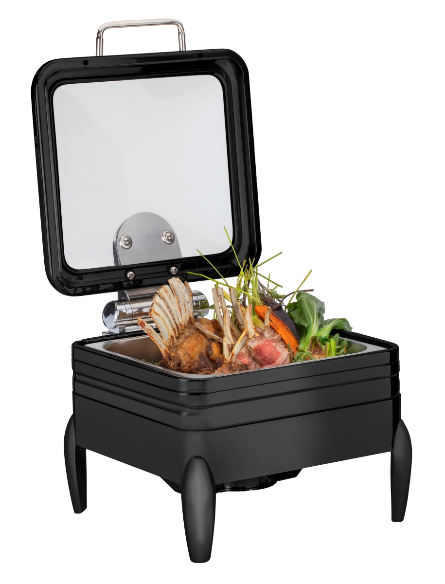 Picture of Rosseto CP402F-BK 6.34 qt. Deluxe Square Chafing Dish with Glass Lid, Frame Stand & Burner Holder - Black