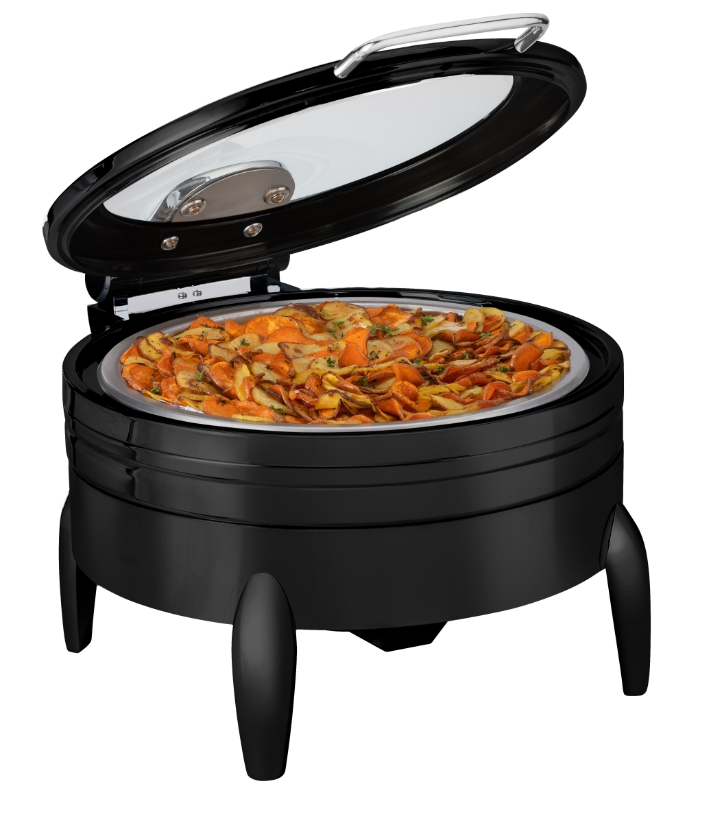 Picture of Rosseto CP403F-BK 6.34 qt. Deluxe Round Chafing Dish with Glass Lid, Frame Stand & Burner Holder - Black