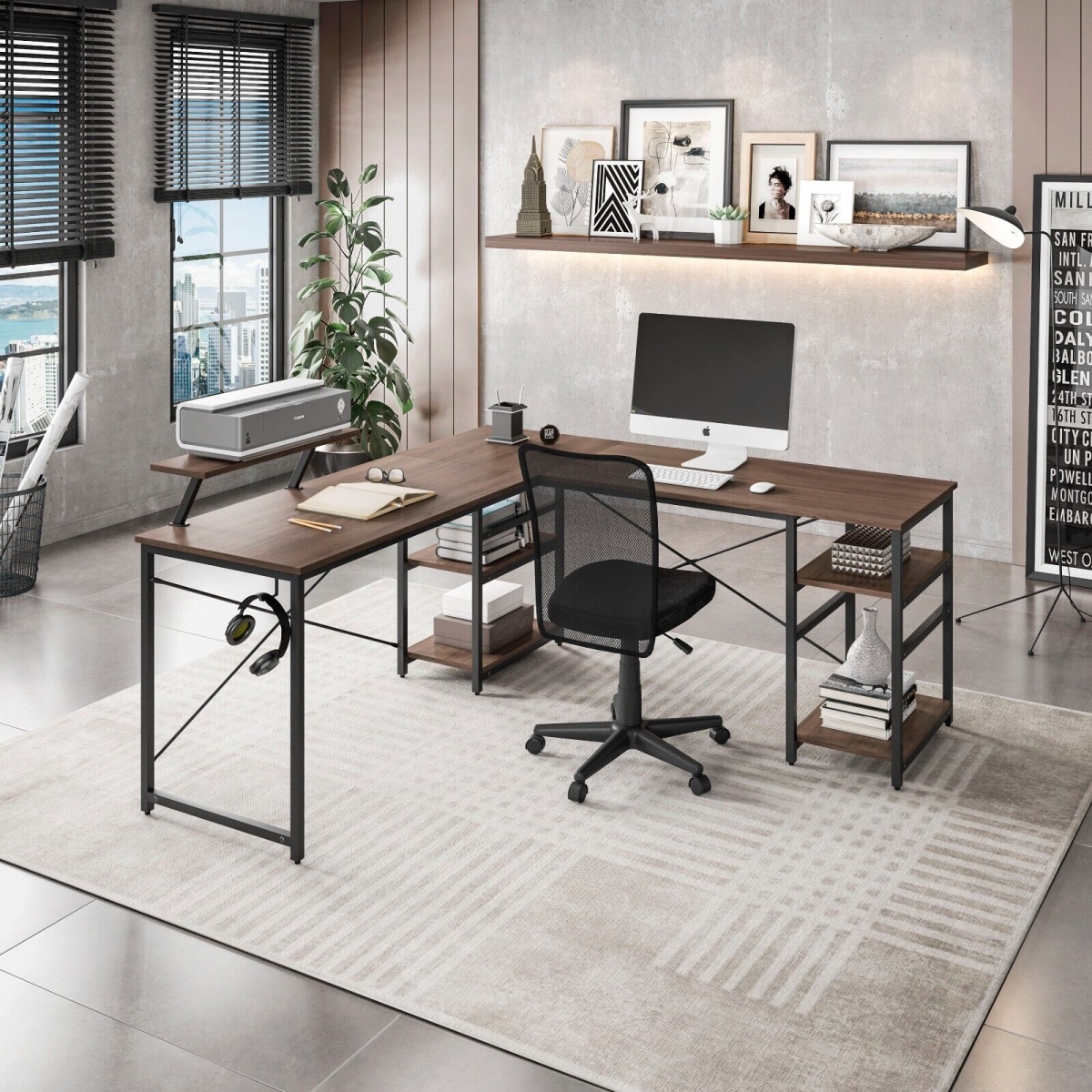 L-Shape Desk with Storage Shelves, Walnut