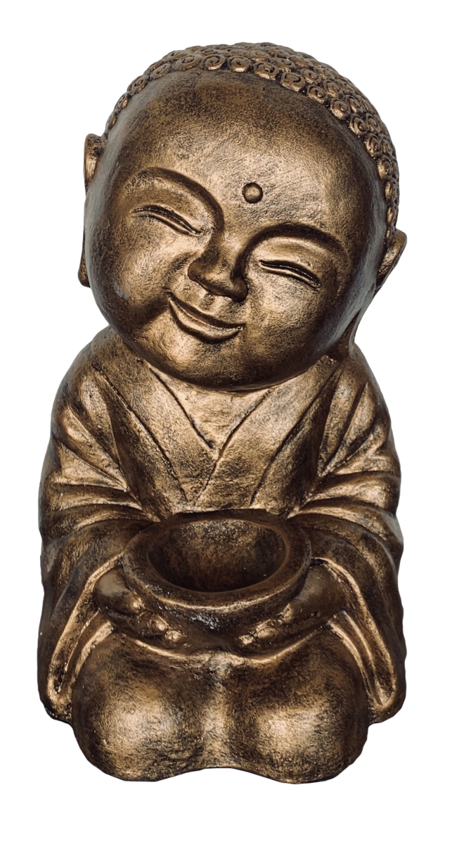 Picture of AFD Home 12015828 Fiberglass Reinforced Cast Stone Sitting Monk with Bowl&#44; Glossy Black Gold