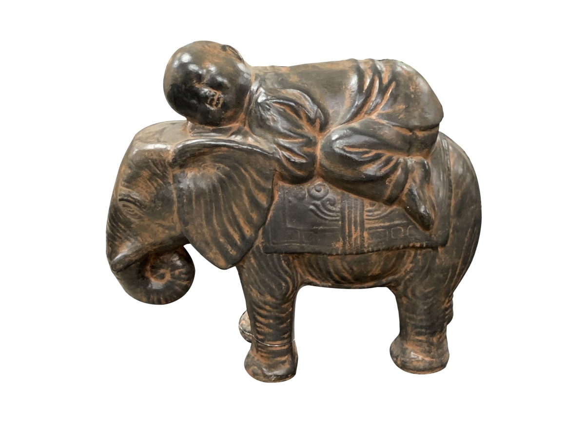 Picture of AFD Home 12015839 Fiberglass Reinforced Cast Stone Baby Monk on Elephant Sculpture, Black Earthy