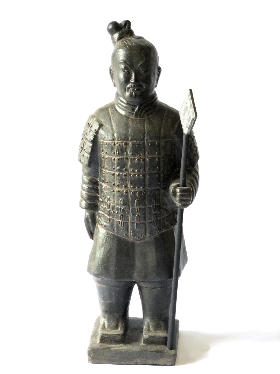 12015842 40 in. Tall Fiberglass Reinforced Cast Stone Pair of Standing Terra Cotta Warriors, Black Earthy