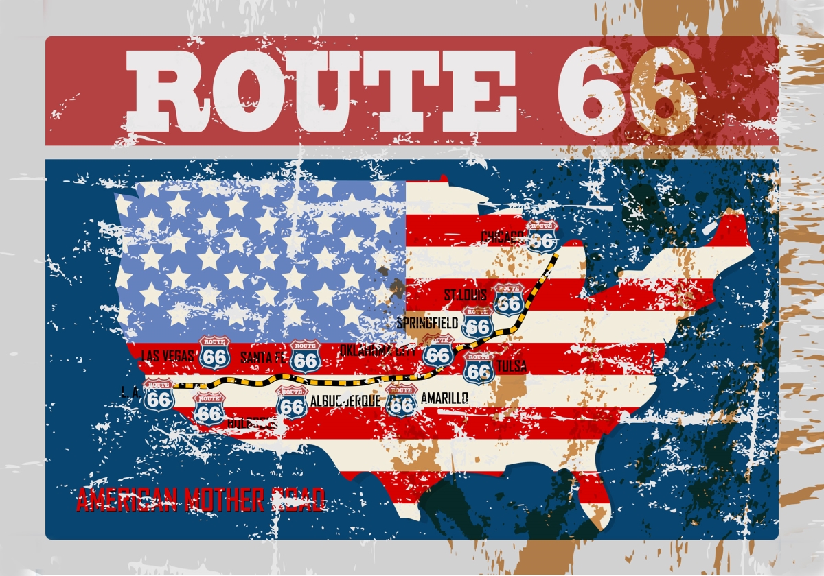 Picture of AFD Home 12016847 Route 66 Map Canvas & Wood Gallery Wrap&#44; Red&#44; White & Blue