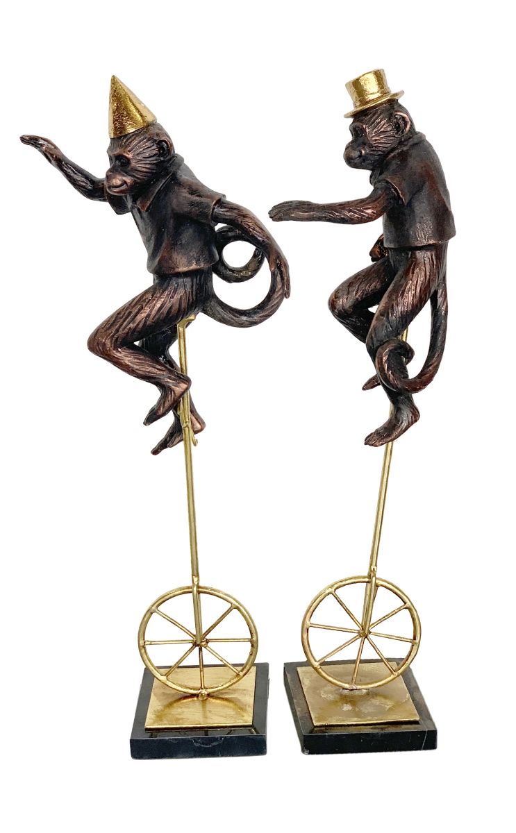 Picture of AFD Home 12017409 Polyresin & Marble Whimsical Unicycle Monkeys Statue&#44; Brown with Gold Accents - Set of 2