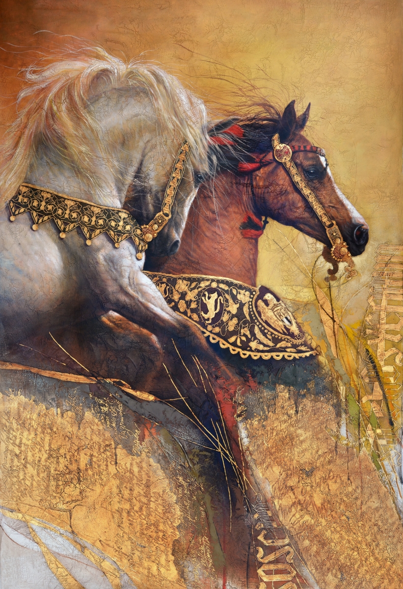 Picture of AFD Home 12018470 Two Horses Embelished Canvas & Wood Art
