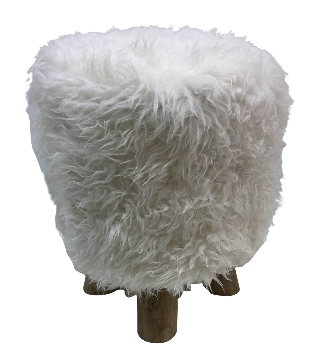 Picture of AFD Home 12016398 Woolly Faux Pouf Ottoman Stool With Natural Log Feet&#44; Off White & Natural