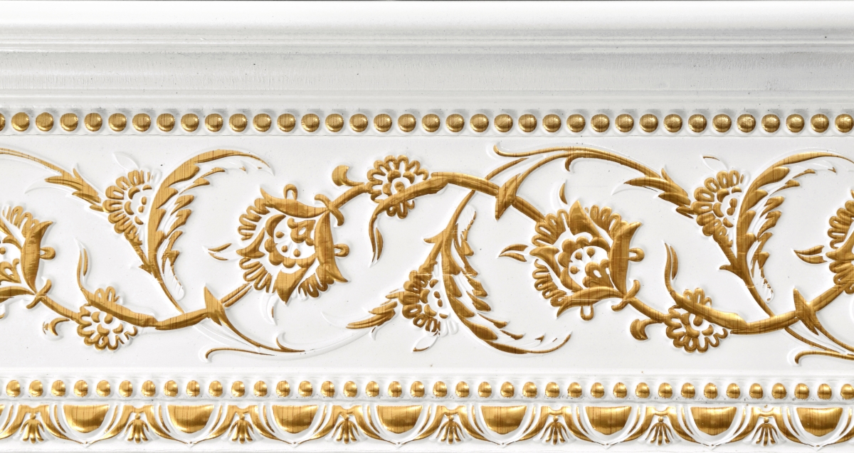 94 in. Gold Floral on French White Crown Molding, White & Gold