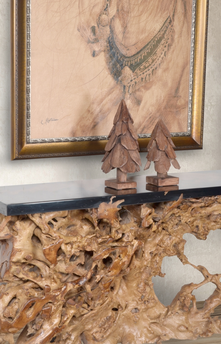 Teak Wood Pine Tree Accent in A Stand, Natural - Set of 2