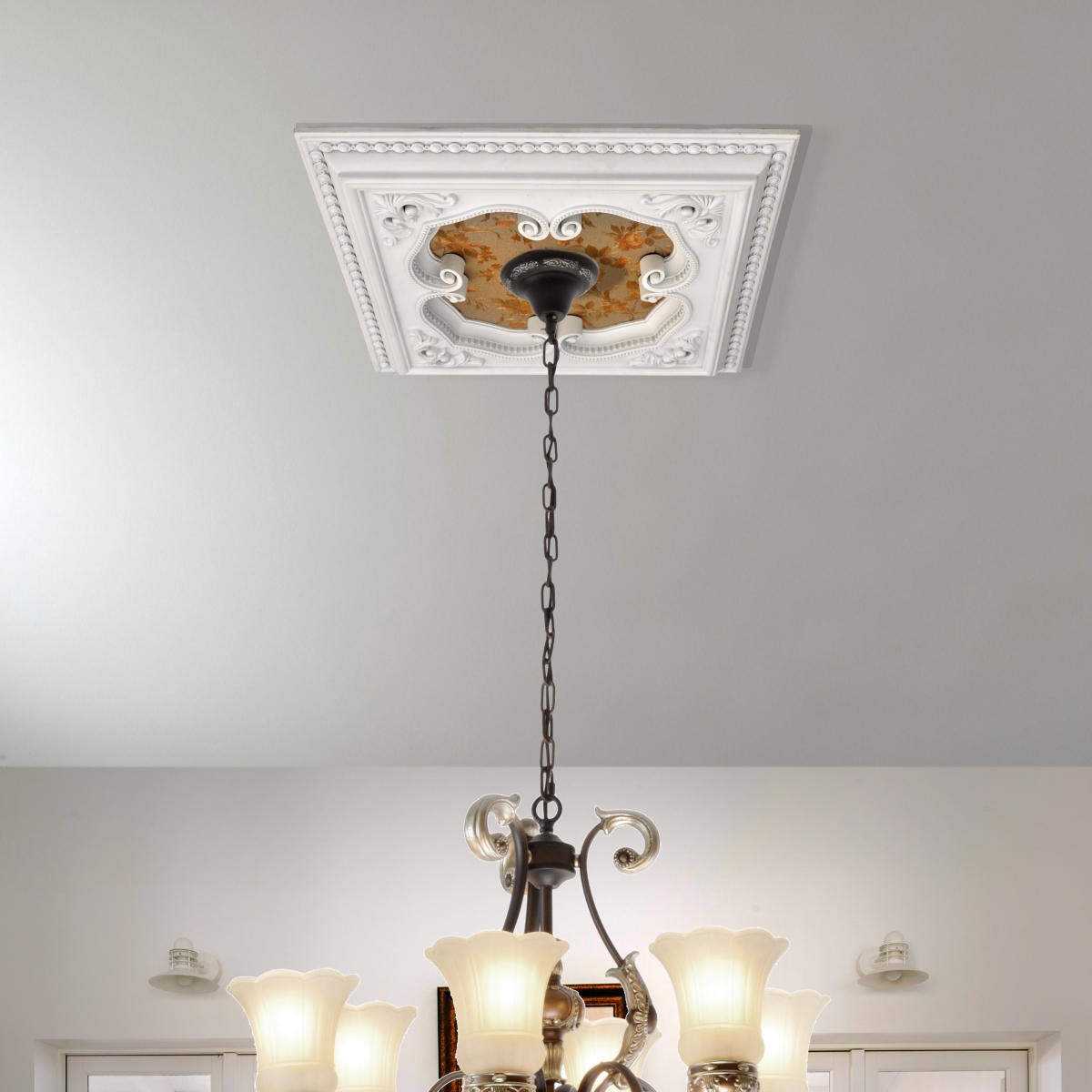 12020496 24 in. Four Leaf Clover Square Chandelier Ceiling Medallion - White & Gold