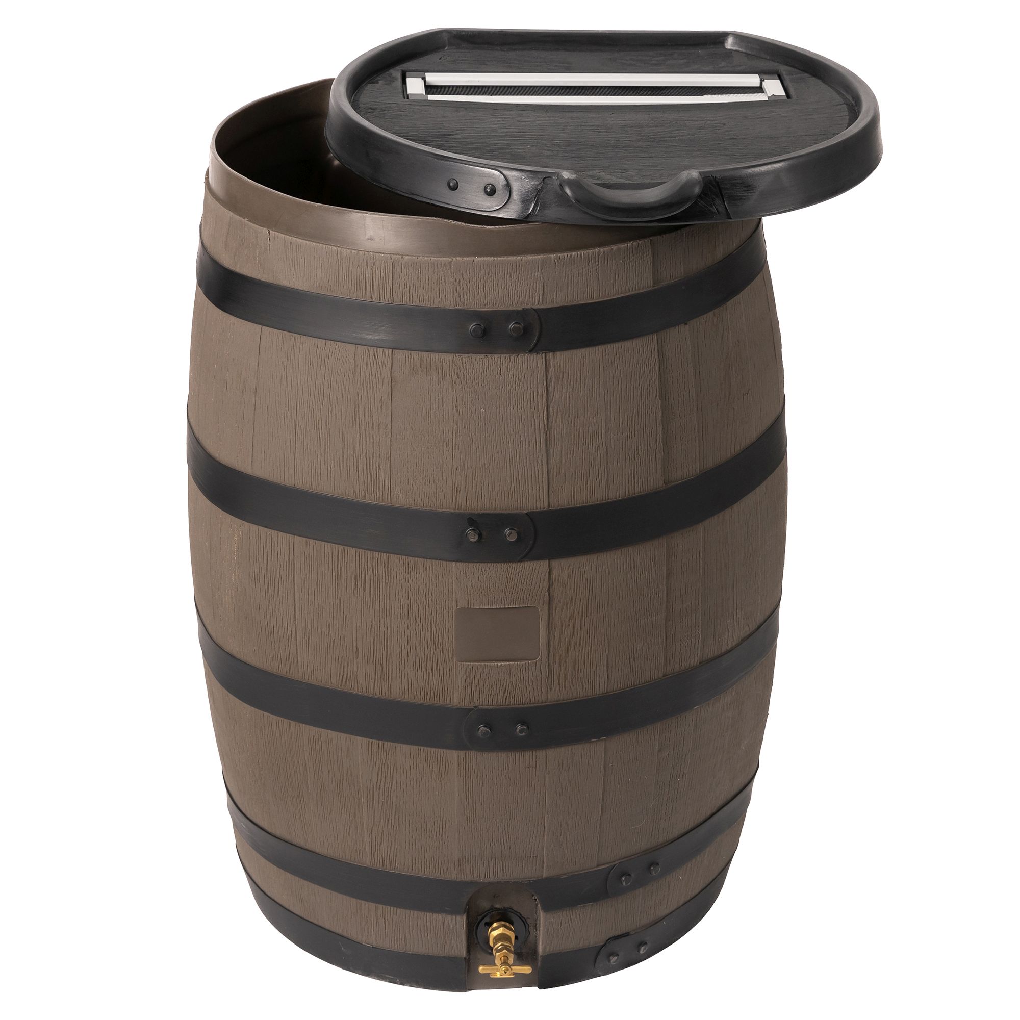 RTS Home Accents Polyethylene 55 Gallon Premium Flat Back Rain Barrel with Removable Lid, Woodgrain with Black Stripes Color