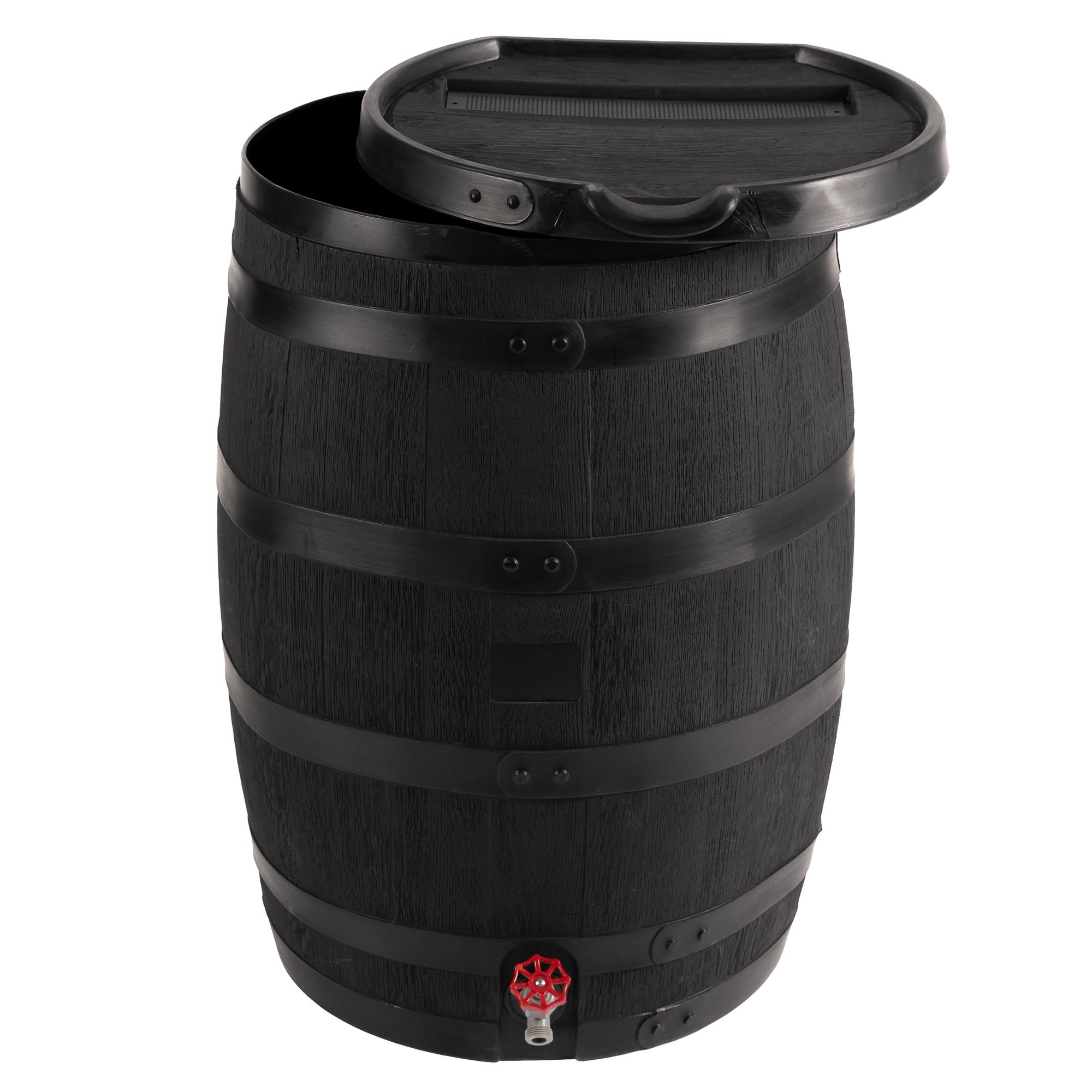 RTS Home Accents Polyethylene 55 Gallon Premium Flat Back Eco Rain Barrel with Removable Lid, Black Color
