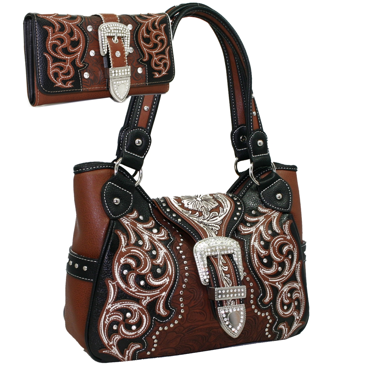 Picture of Gold Rush BT921SET-BRN Black Floral Embroided Western Studded Shoulder Bag Wallet Set - Brown