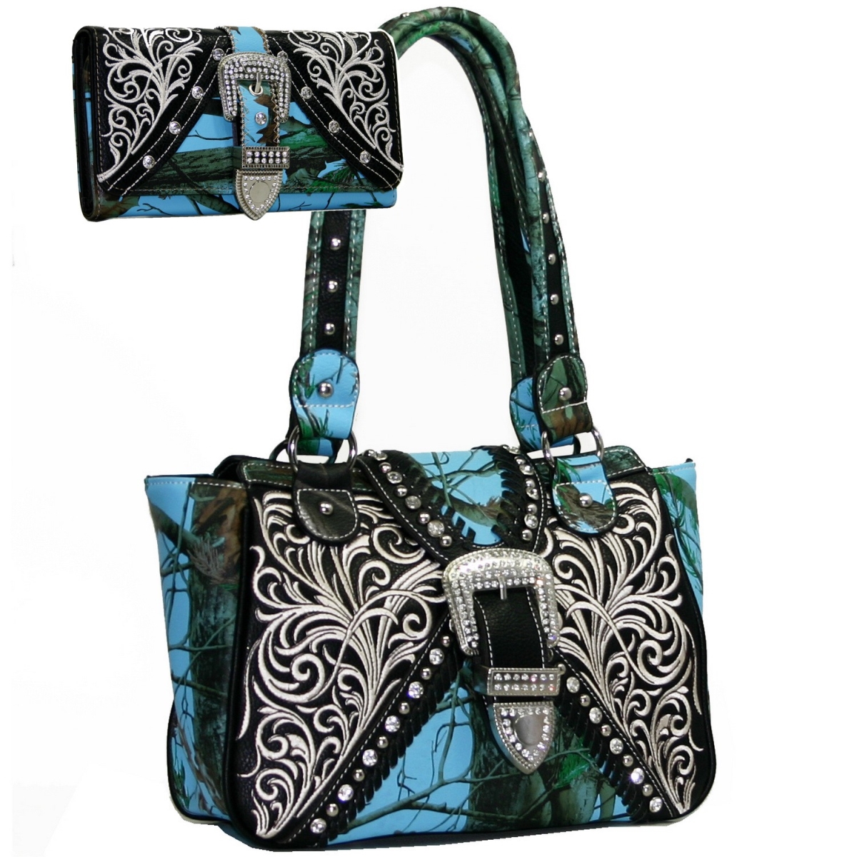 Picture of Gold Rush BT922SET-BLU-Cam Western Concealed Embroided Purse with Matching Wallet - Blue&#44; Camouflage