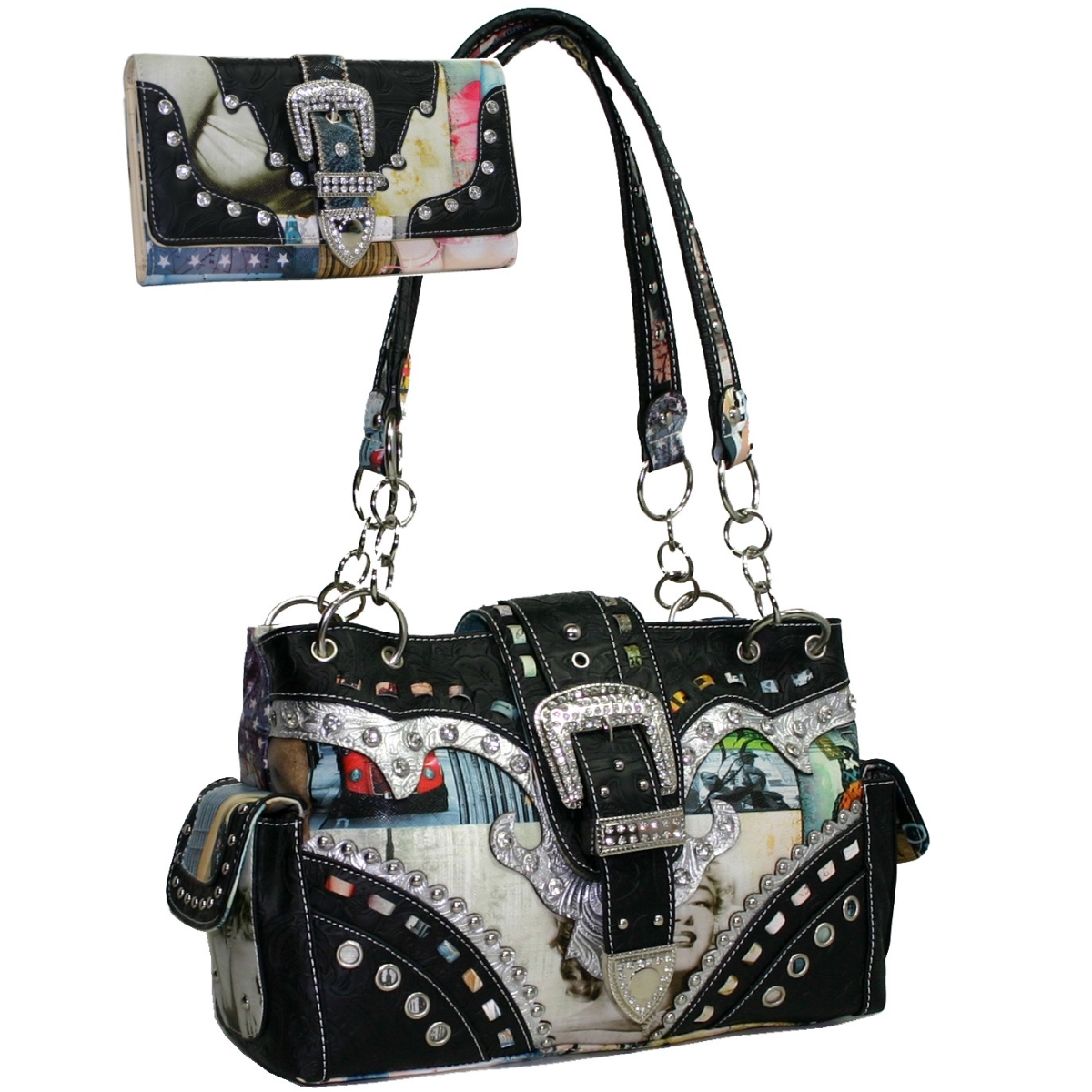 Picture of Gold Rush BT939WB139SET-Multi Studded Rhinestone Buckle Western Camouflage Shoulder Bag Wallet - Multi Color