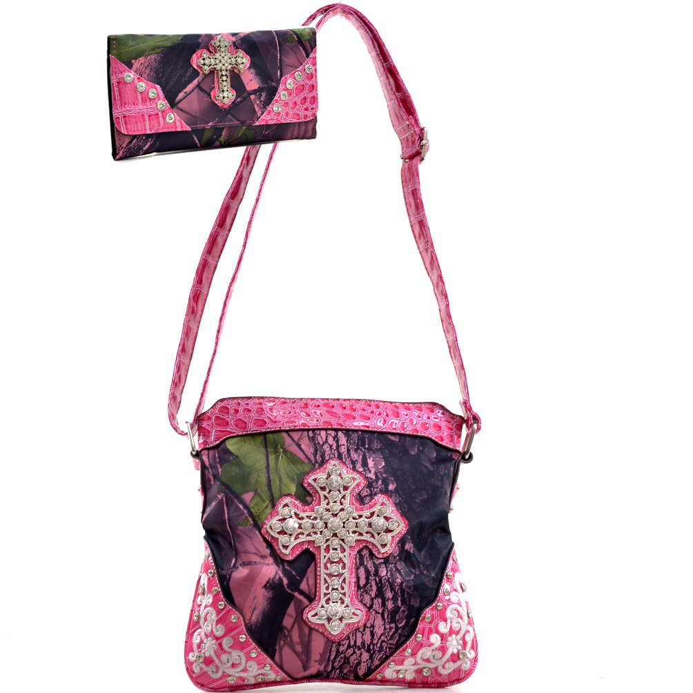 Picture of Gold Rush MG21WC106SET-PK - CAM Rhinestone Cross Embroidery Messenger Bag with Matching Wallet - Pink & Cam