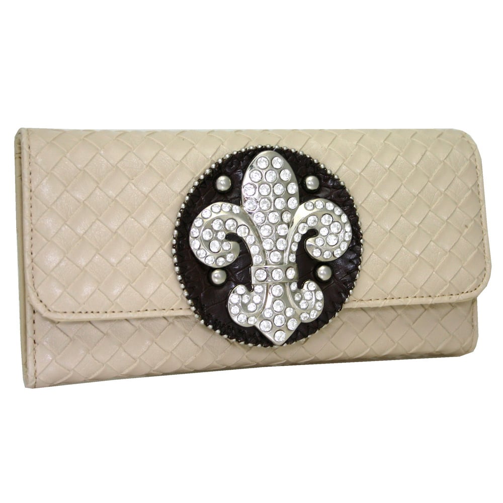Women Wooven Rhinestone Fleur De Lis Wallet - Beige