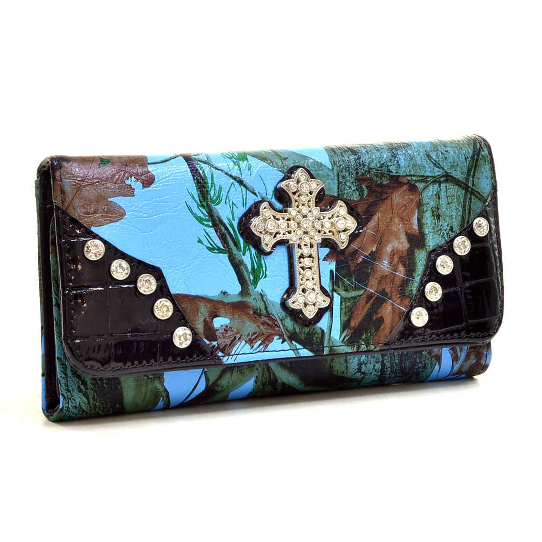 WC99-BLU & CAM Western Rhinestone Cross Accent Wallet - Blue & Camouflage