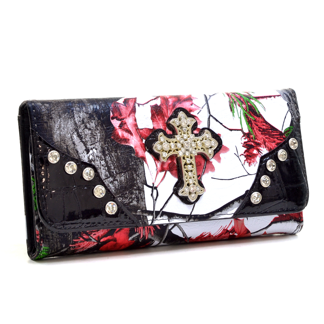WC99-RD & CAM Western Rhinestone Cross Accent Wallet - Red & Camouflage