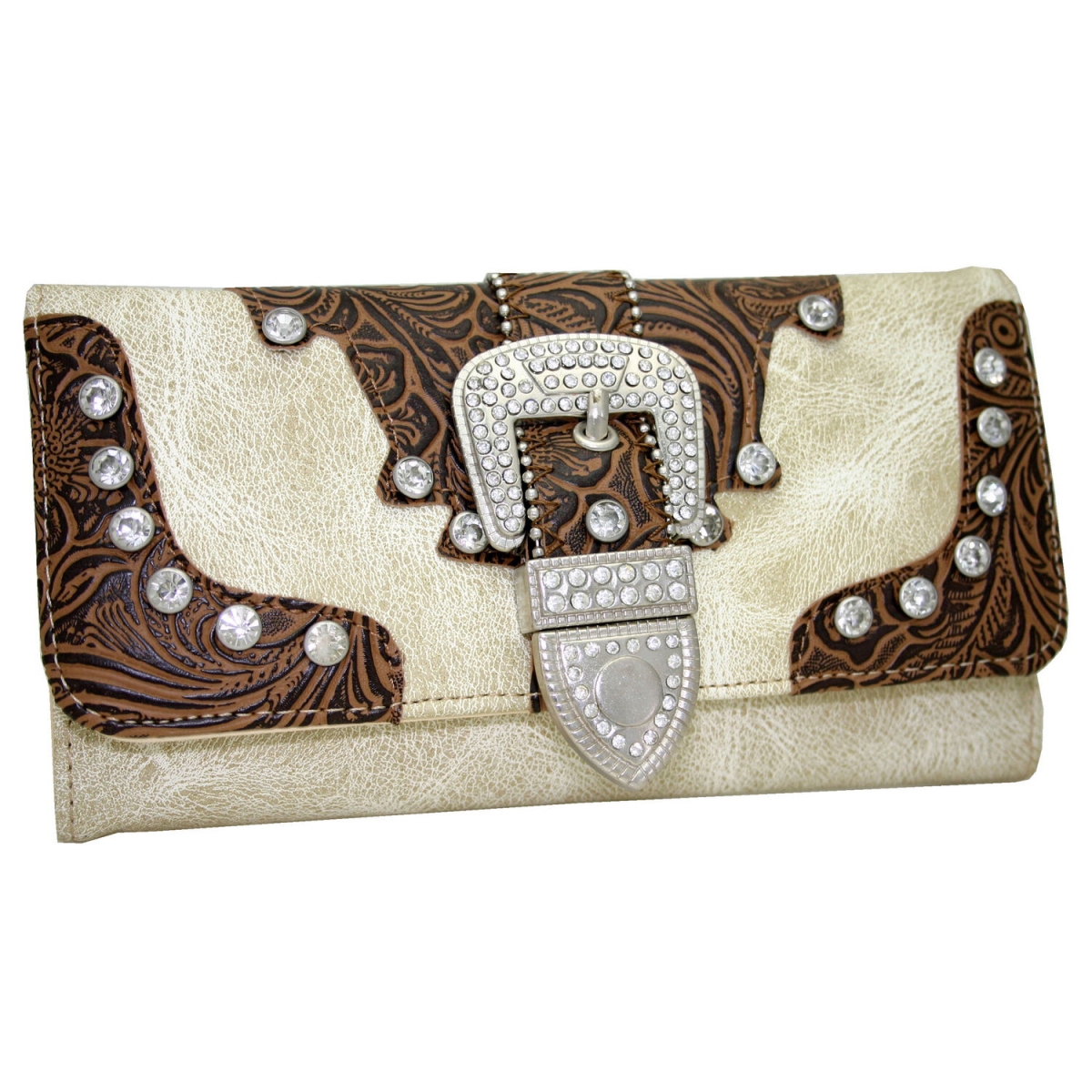 Western Rhinestone Bling Belt Buckle Trifold Wallet - Beige