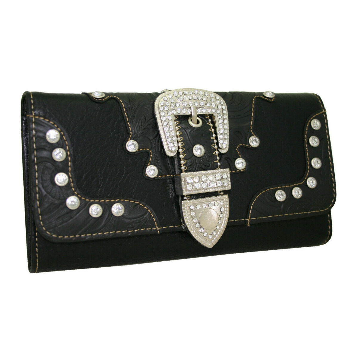 Western Rhinestone Bling Belt Buckle Trifold Wallet - Black