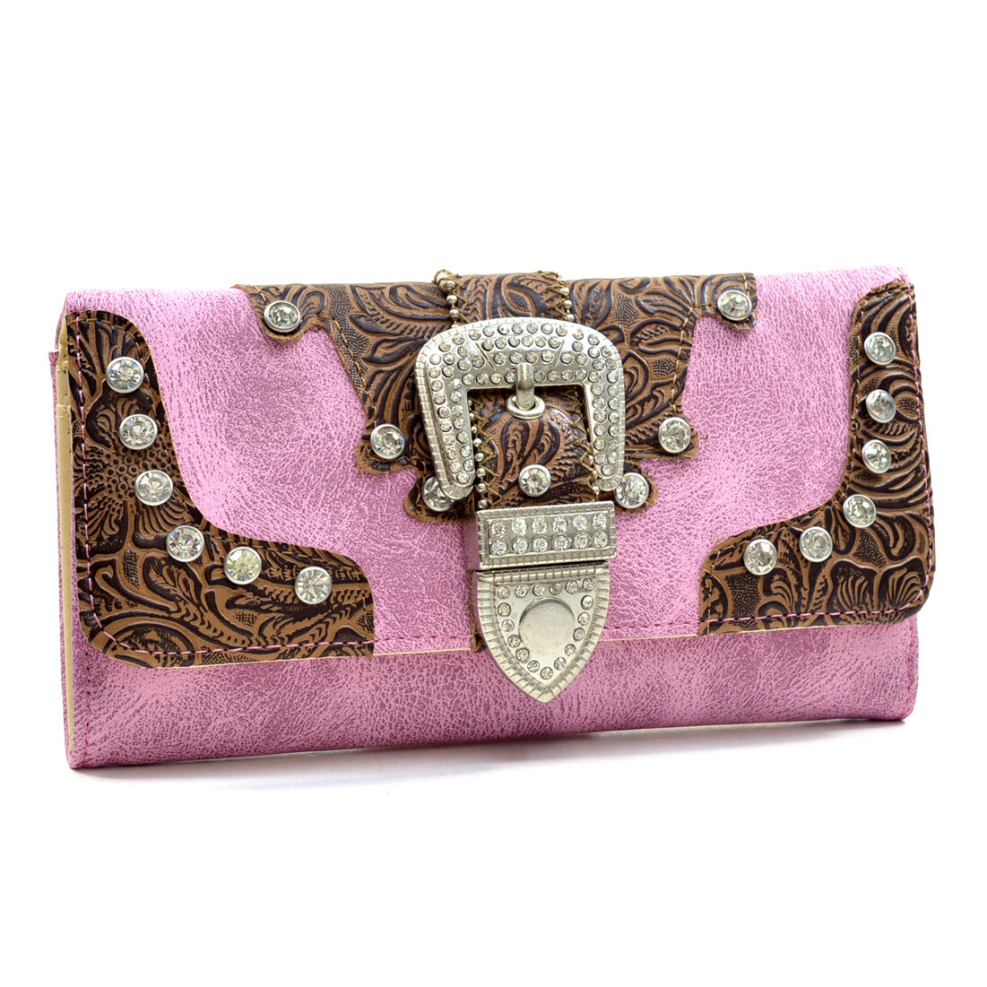 Western Rhinestone Bling Belt Buckle Trifold Wallet - Pink