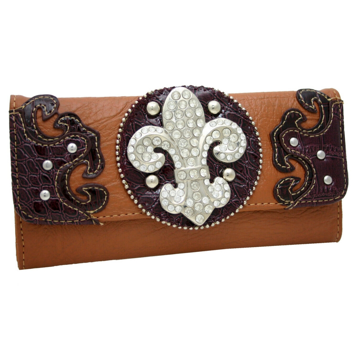 7.5 x 4.5 in. Western Rhinestone Fleur De Lis Trifold Wallet, Brown