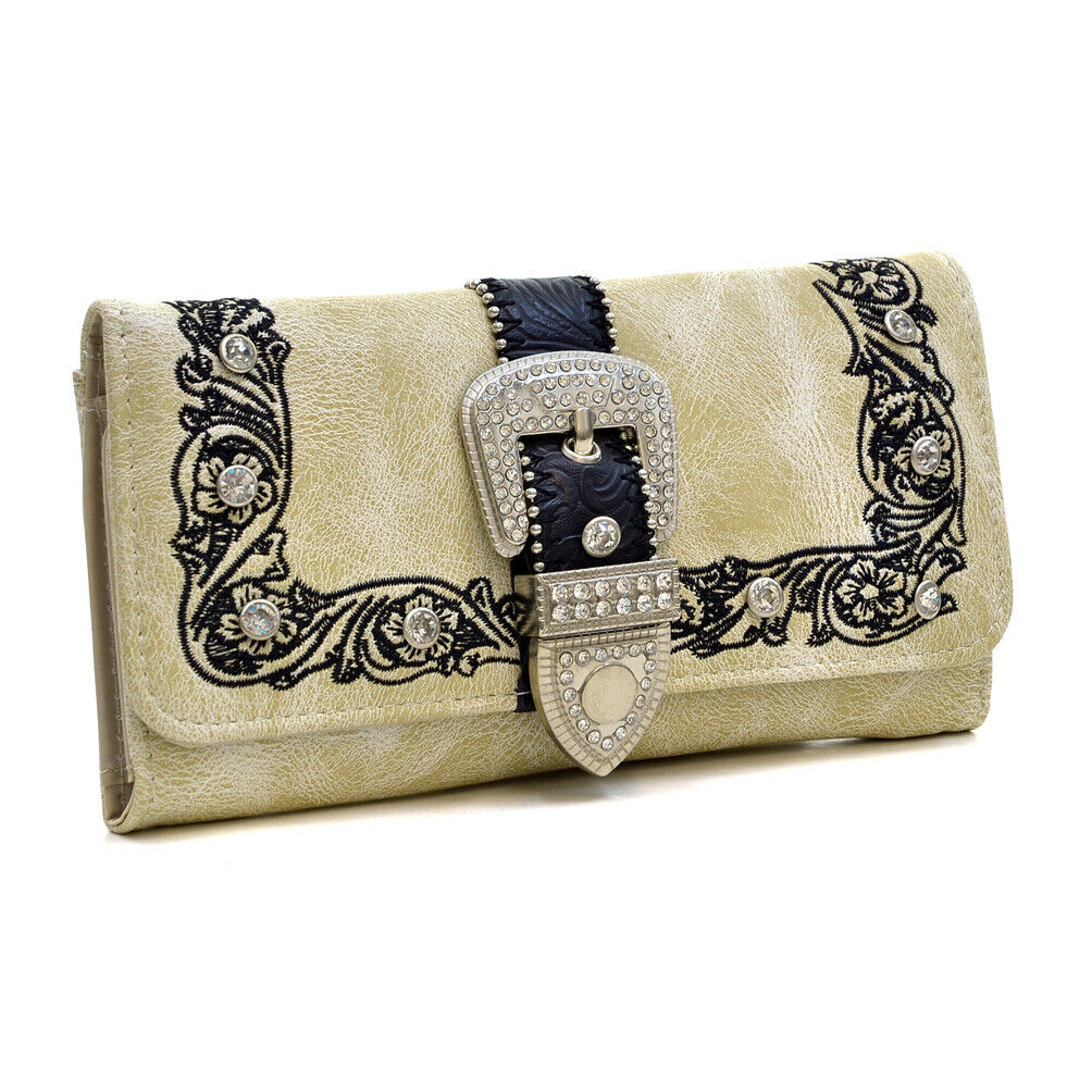 7.5 x 4.5 in. Trifold Rhinestone Studded Buckle Wallet, Beige