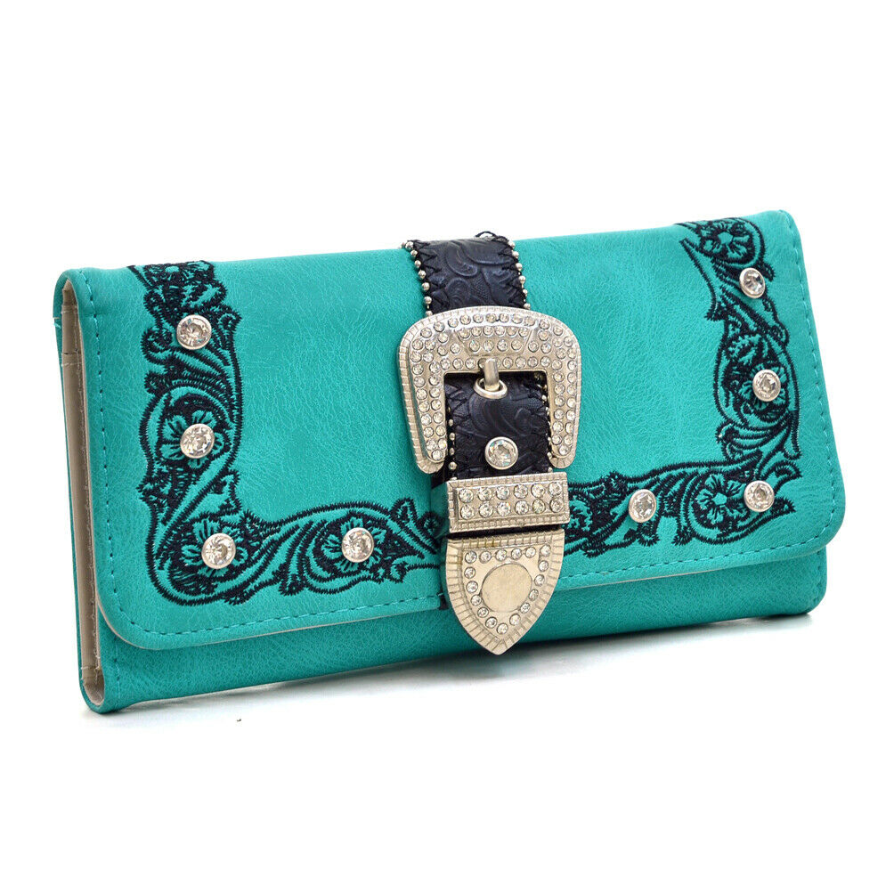 7.5 x 4.5 in. Trifold Rhinestone Studded Buckle Wallet, Turquoise