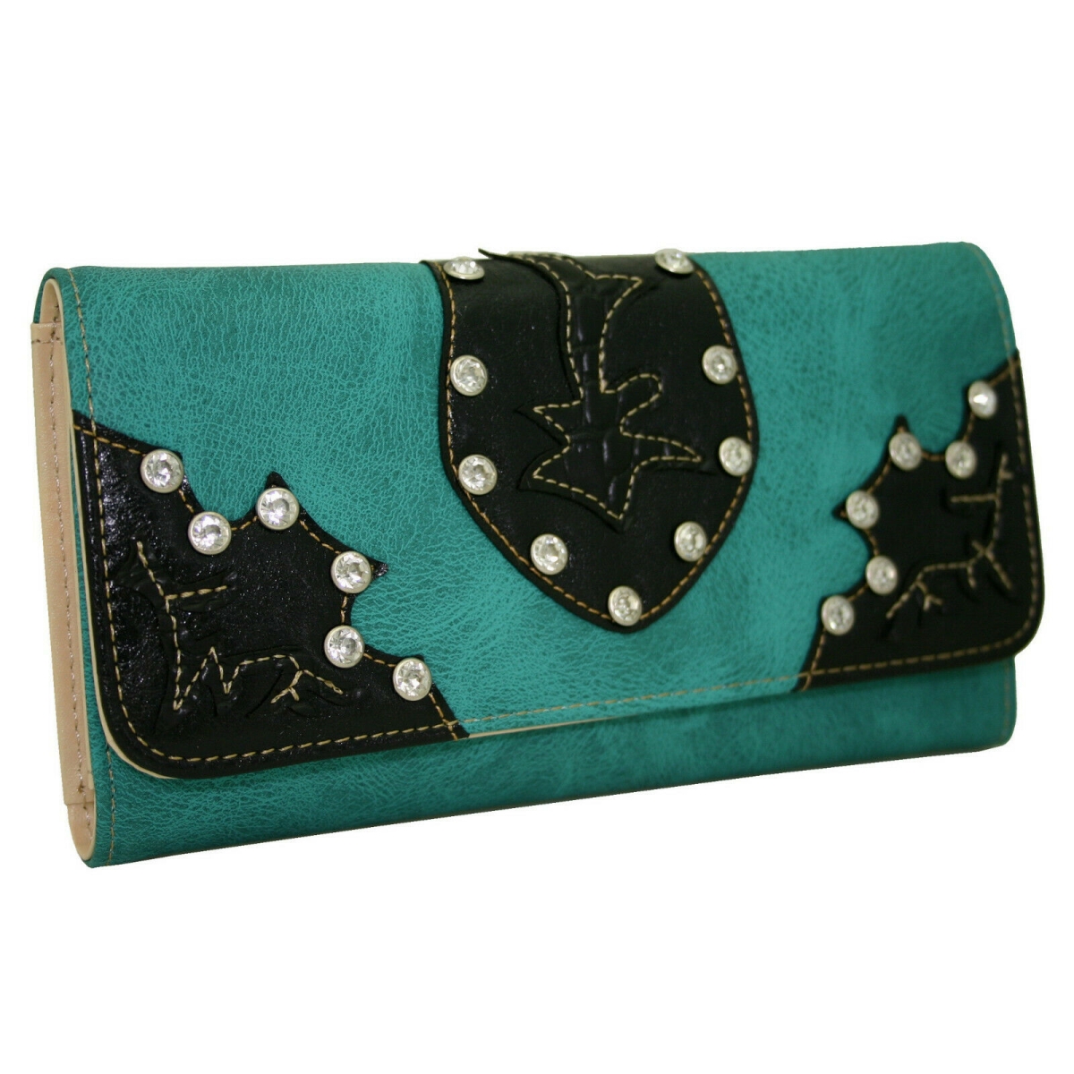 7.5 x 4.5 in. Western Rhinestone Bling Leaf Designed Wallet, Turquoise