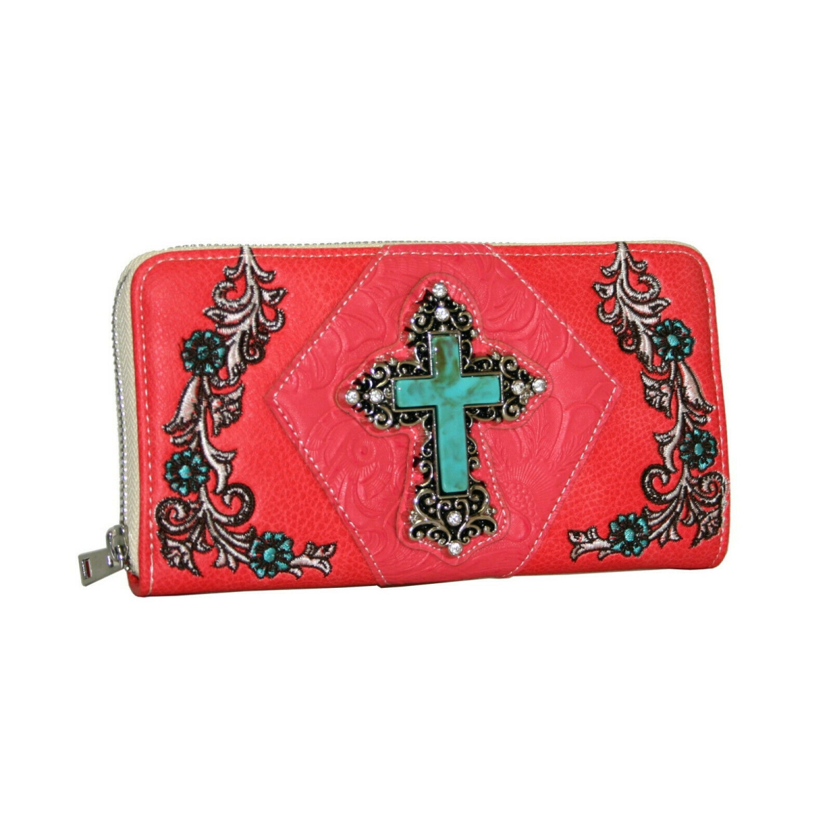 Western Embroidered Zip Around Cross Wallet, Coral