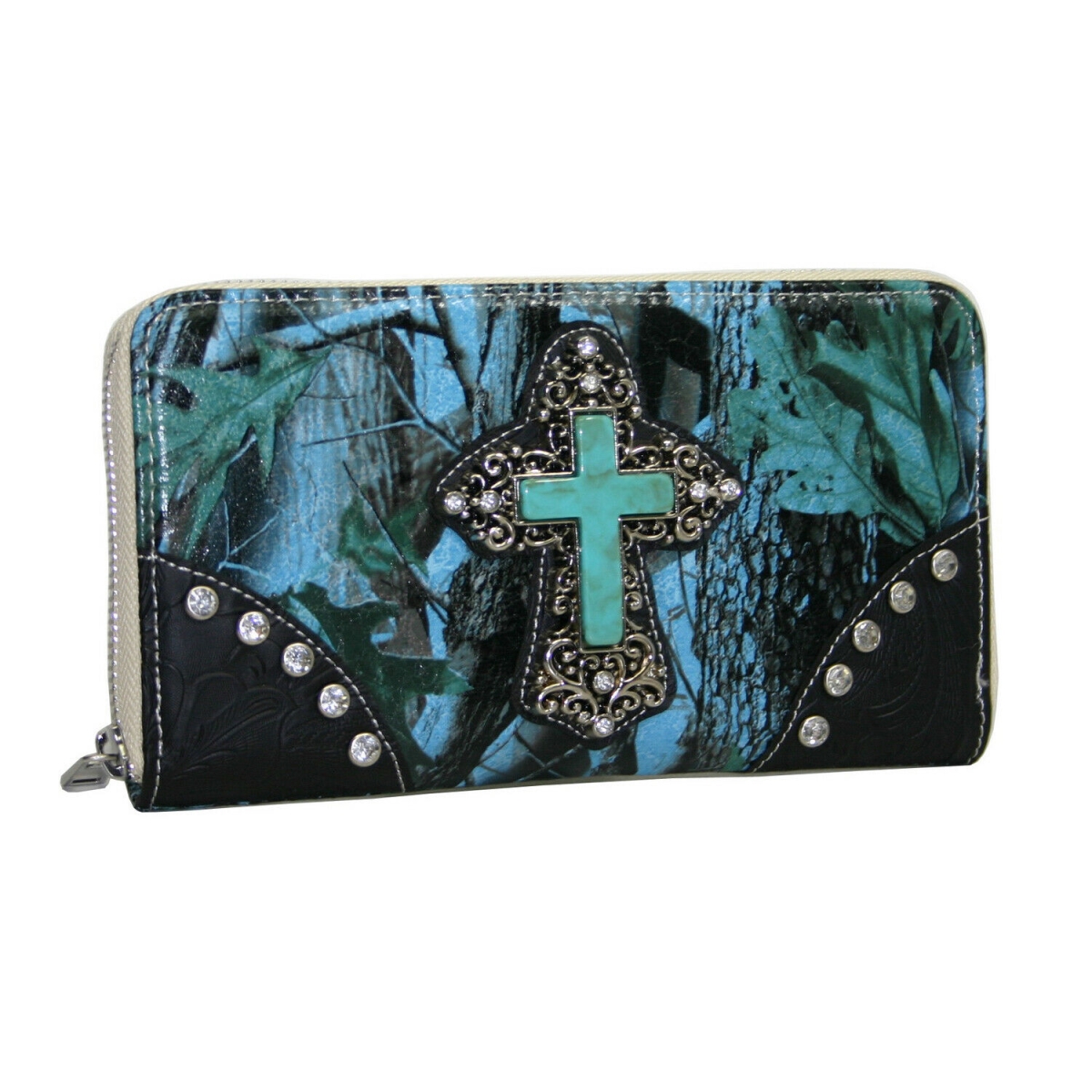 WC85-BLU-CAM Western Zip Around Camouflage Cross Wallet, Blue & Cam