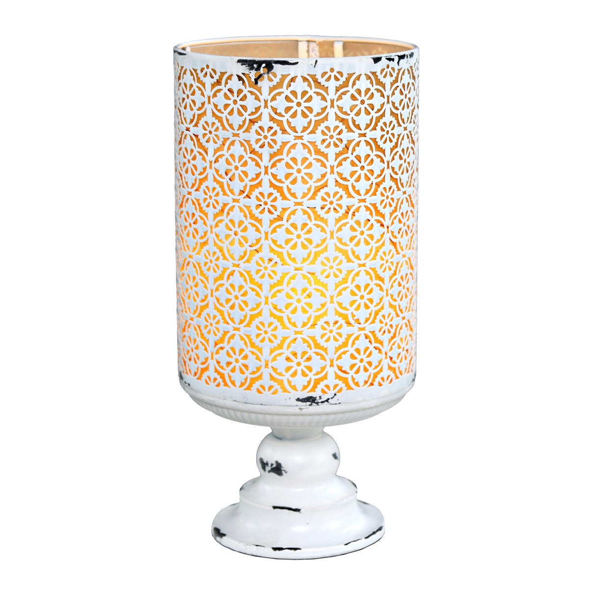 16401 15 in. Distressed Metal Geometric Hurricane Accent Table Lamp - White