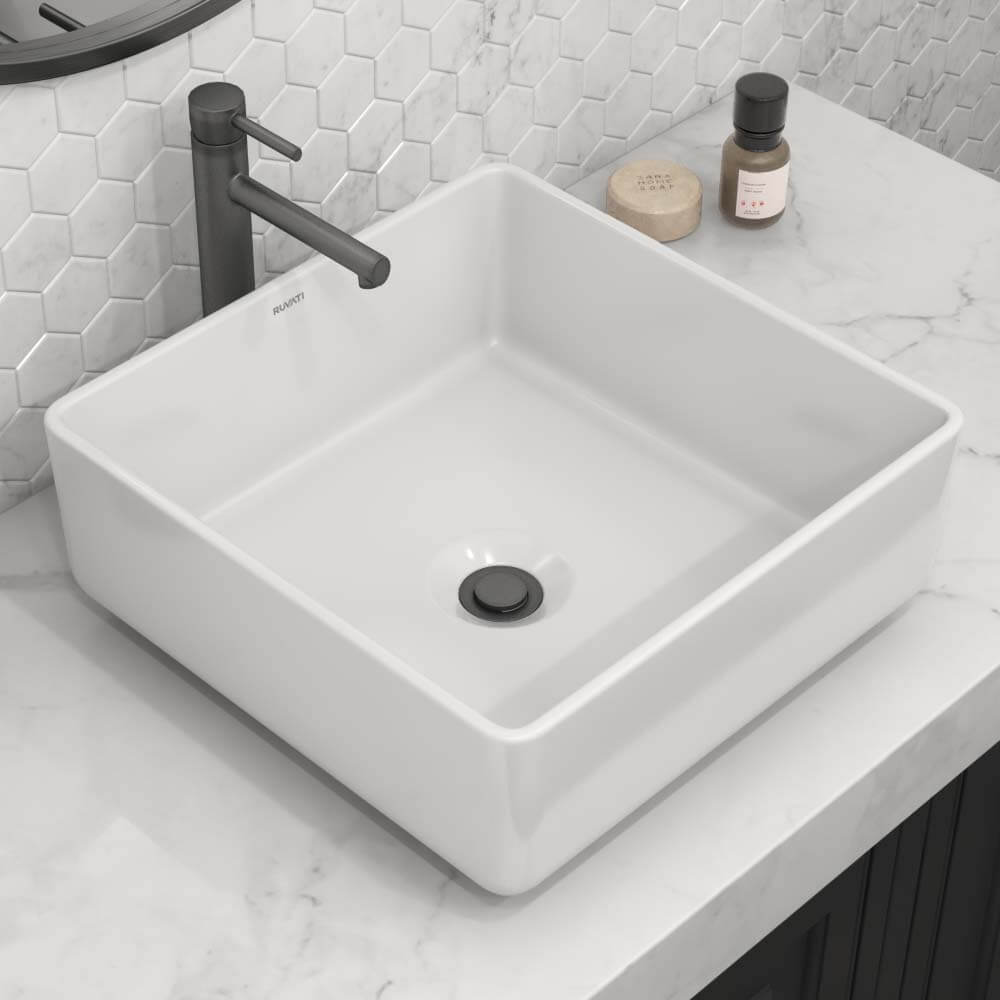 Picture of Ruvati USA RVB1616 15 x 15 in. Square Above Counter Porcelain Ceramic Bathroom Vessel Sink&#44; White