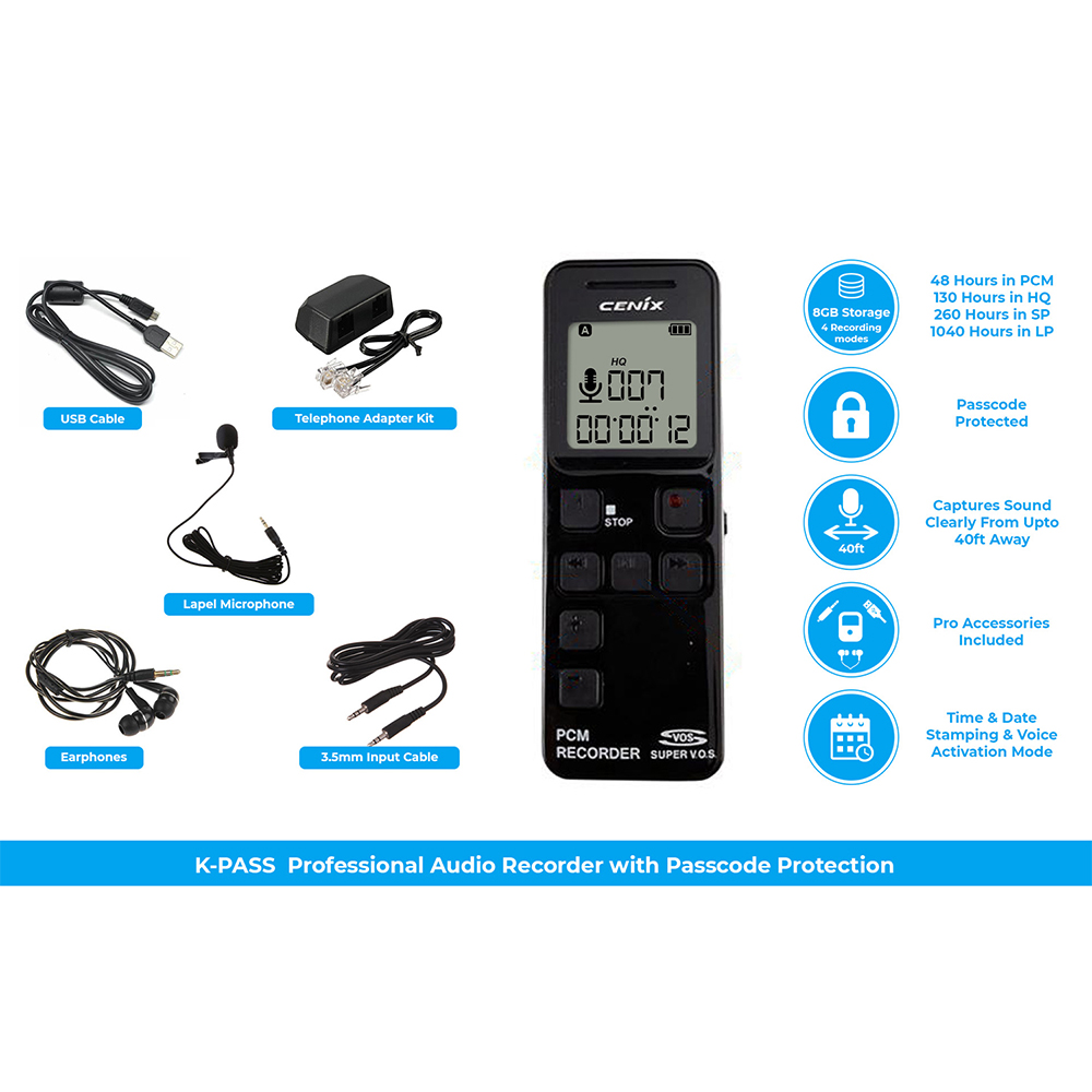 Picture of PBN-TEC PBN-K-PASS 8GB Premium PCM Audio Recorder 1040 Hours Storage with Password Protection