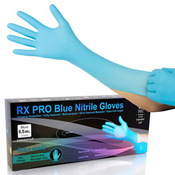 RX Pro Nitrile Disposable Gloves, Blue - 8.5 Mil - 12 in. Extended Cuff - Large - 50 Count per Box