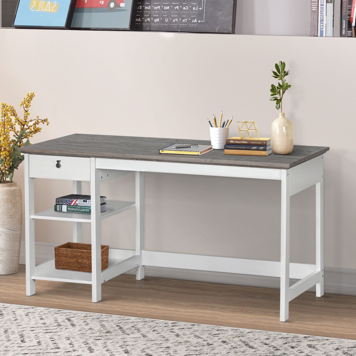 Picture of Saint Birch SBFL1025WDWG 59 in. Finley Writing Desk&#44; White & Gray Oak