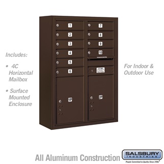 42 - 0.125 in. 11 Door High Unit Double Column 10 MB1 Doors & 2 PL5s Front Loading Surface Mounted 4C Horizontal Mailbox Unit, Bronze - USPS Access