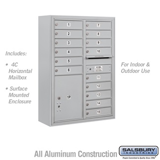 42 - 0.125 in. 11 Door High Unit Double Column 15 MB1 Doors & 1 PL5 Front Loading Surface Mounted 4C Horizontal Mailbox Unit, Aluminum - USPS Access
