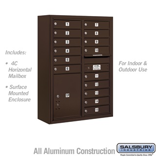 42 - 0.125 in. 11 Door High Unit Double Column 15 MB1 Doors & 1 PL5 Front Loading Surface Mounted 4C Horizontal Mailbox Unit, Bronze - USPS Access
