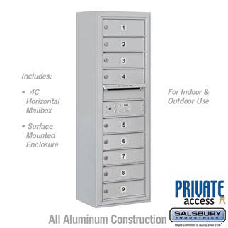 42 - 0.125 in. 11 Door High Unit Single Column 9 MB1 Doors Front Loading Surface Mounted 4C Horizontal Mailbox Unit, Aluminum - Private Access